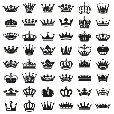 Medieval royal crown queen monarch king lord silhouette icons set vector isolated illustration.