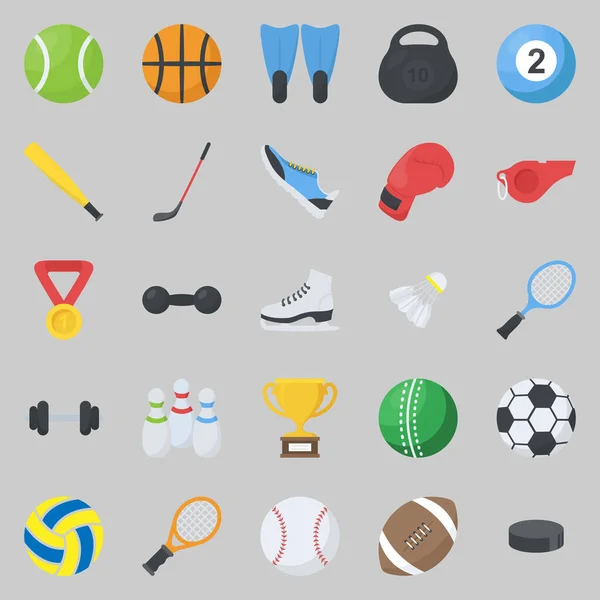Set of vector icons in flat style sports accessories, soccer ball, basketball ball, tennis racket, medal, kettlebell, flippers.