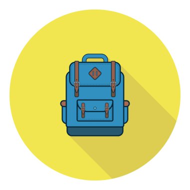 Vector icon of a blue school bag on a bright plate with a long shadow, flat design.