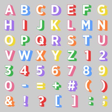 Vector alphabet with letters and symbols in 3D style, multicolored for school and education lessons.