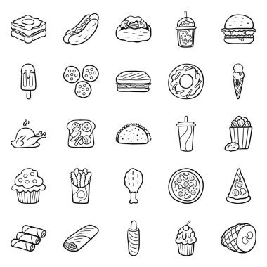 A large set of vector icons of fast food in a flat style outline, which depicts hot dog, sausage, pizza, burger, chicken grill, sandwich, potato fries, drinks, sausage, charm.