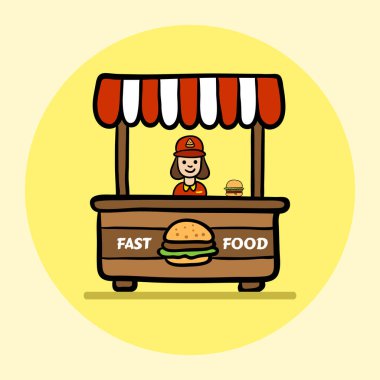 A vector banner for a fast food stall, a berger salesman sells food.