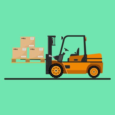 Vector icon forklift with flat-style boxes on a bright background.