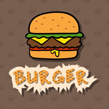 Vector banner in a flat burger style with text and shadows on a pattern background.