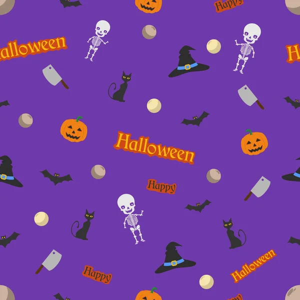 Halloween Feestpatroon Naadloze Vector Patroon Met Schattige Elementen Katten Pompoenen — Stockvector