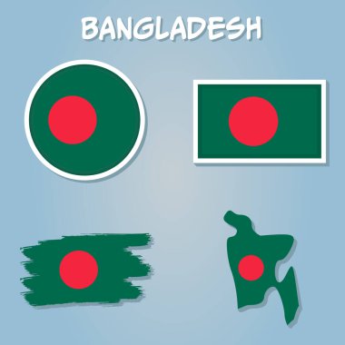 Bangladeş vektör kümesi, bölge sınırları, bayraklar ve simgelerle ayrıntılı ülke şekli.