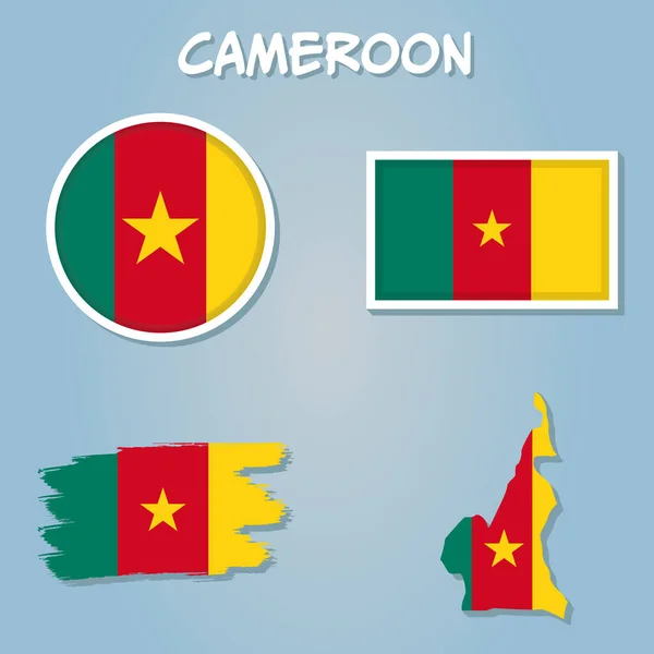喀麦隆向量集 具有区域边界 旗帜和图标的详细国家形状 — 图库矢量图片
