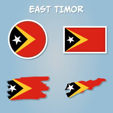 Doğu Timor vektör kümesi, ayrıntılı ülke şekli, bayraklar ve simgeler.