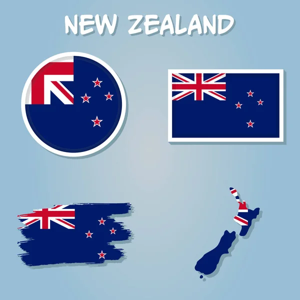 Новозеландский Векторный Набор Детальная Форма Страны Изолированными Границами Флагами Иконками — стоковый вектор