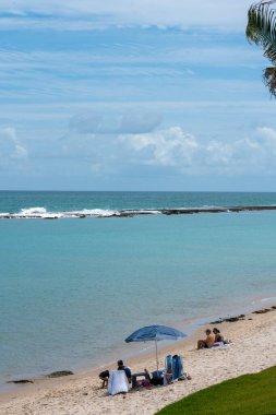 Brazil, Alagoas, 2021, january 21st -Plenty of beach umbrella in an amazing blue water sea in northeast of Brazil