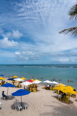 Brazil, Alagoas, 2021, january 21st -Plenty of beach umbrella in an amazing blue water sea in northeast of Brazil