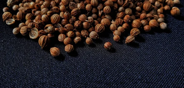 Dried coriander seed with negative space on the black background. Food ingredient background design. Suitable for the food advertising of company and industry, poster, backdrop, flyer, etc.