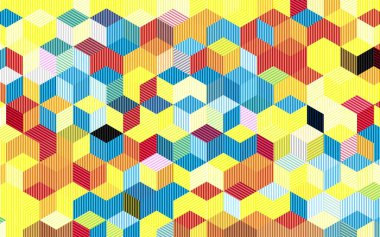 Retro geometrik küpler 3 boyutlu, çizgili desenli. Renkli retro küp dekorasyonlu, kusursuz bir arka plan. Kumaş, kitap kapağı, poster için klasik renk yüzey çizimi.