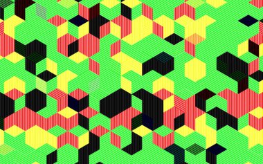 Retro geometrik küpler 3 boyutlu, çizgili desenli. Renkli retro küp dekorasyonlu, kusursuz bir arka plan. Kumaş, kitap kapağı, poster için klasik renk yüzey çizimi.