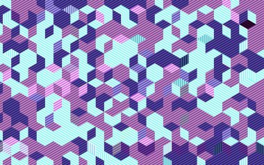 Retro geometrik küpler 3 boyutlu, çizgili desenli. Renkli retro küp dekorasyonlu, kusursuz bir arka plan. Kumaş, kitap kapağı, poster için klasik renk yüzey çizimi.