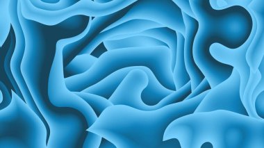 Modern ve sanatsal 3D soyut metalik mavi renkli kağıt resimleme arka planı. Fütüristik kağıt kesilmiş, sıvı veya gözenekli şekiller. Sıvı ve gözenekli metalik mavi eğimli renkler.