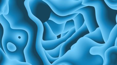 Modern ve sanatsal 3D soyut metalik mavi renkli kağıt resimleme arka planı. Fütüristik kağıt kesilmiş, sıvı veya gözenekli şekiller. Sıvı ve gözenekli metalik mavi eğimli renkler.