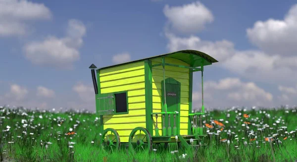 Rendering Piccola Casa Mobile Legno Giallo Ruote Erba Verde Uno — Foto Stock