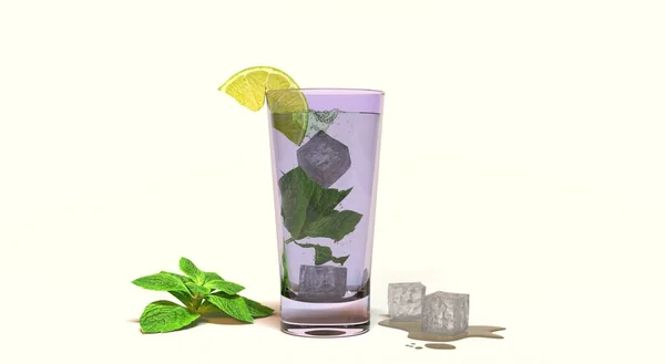 Rendering Glass Water Mint Lemon Ice Isolated White Background Bar — Stock Photo, Image