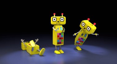 3 boyutlu görüntüleme. Farklı renklerde düğmeleri olan üç karikatür sarı robot koyu arka planda izole edilmiş pozlar veriyor. Giysi baskısı, poster tasarımı, el ilanları, çocuklar için konsept, çocukların içeriği