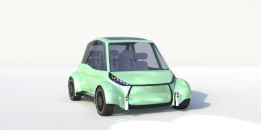 3D rendering. Small light green electric car isolated on white background, front and side view