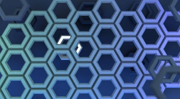 3D rendering. Abstraction, 3d pattern in space, blue hexagons, honeycombs on a dark blue background, front view. Wallpaper, advertising, background for the site, business cards, poster.