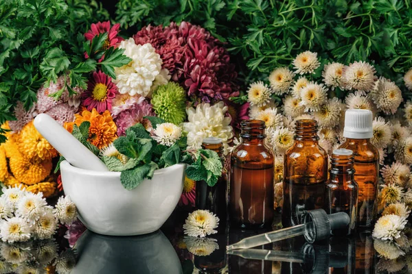 Лекарства Цветов Травяная Медицина Бутылки Цветы Раствор Пестик Свежей Мяты — стоковое фото