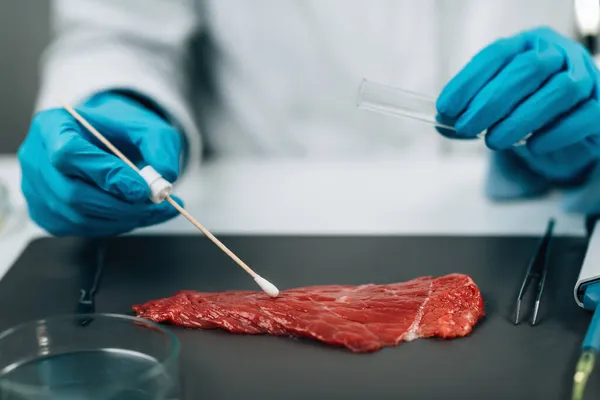 Avaliação Qualidade Dos Alimentos Microbiólogo Amostragem Superfície Carne Vermelha Com — Fotografia de Stock