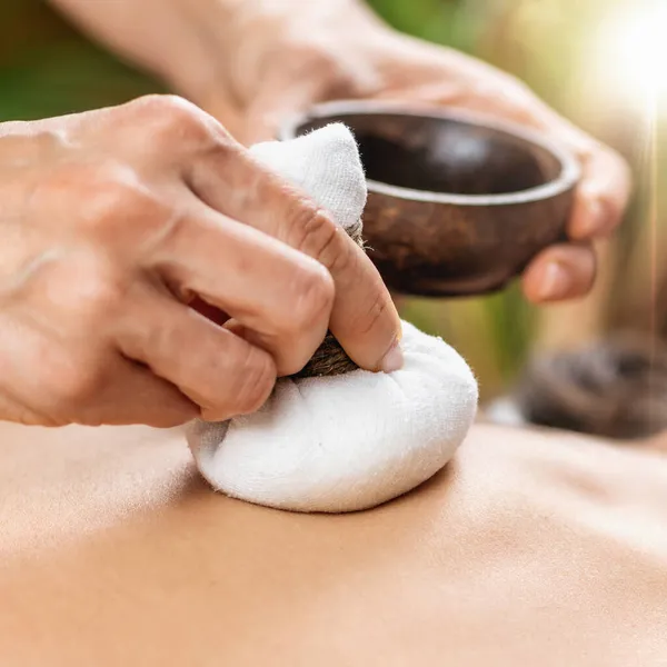 Bolus Bag Ayurveda Massagem Com Ervas Medicinais Óleos Aromáticos Naturais — Fotografia de Stock