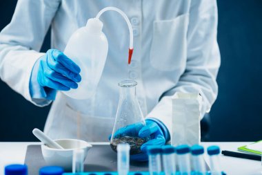 Çayın içinde böcek ilaçları. Laboratuvarda bitki çayı örneğiyle çalışan kalite kontrol müfettişi..