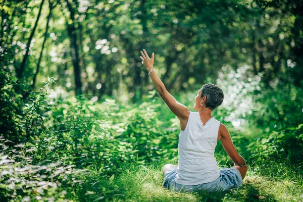 Verbinding Met Natuur Mindfulness Meditatie Een Nadenkende Vrouw Mediterend Omringd — Stockfoto