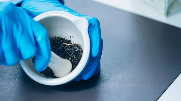Controle Qualidade Chá Ervas Teste Presença Pesticidas Técnico Laboratório Preparando — Fotografia de Stock