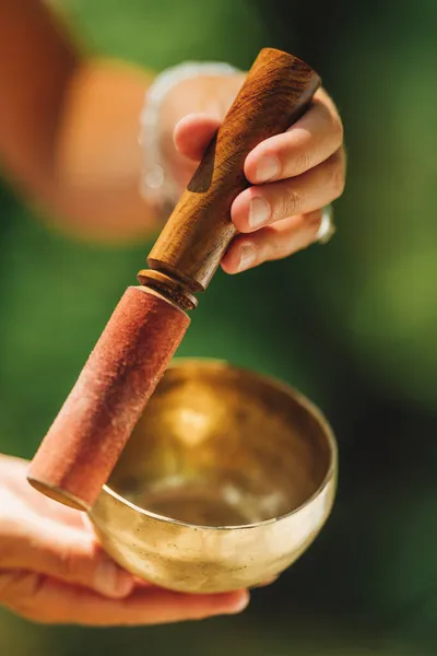 Hands Holding Tibetan Singing Bowl Outdoors Playing Calming Sounds — Stock Photo, Image