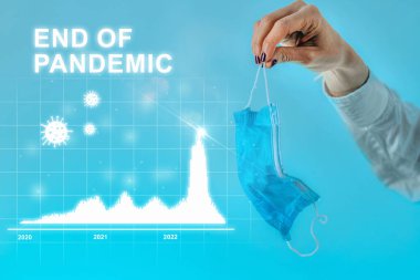 Pandemik kavramsal görüntünün sonu, covid vakalarda azalma, koronavirüs parçacıkları ve buruşuk koruyucu yüz maskesi tutan bir el gösteren bir grafikle. Mavi arkaplan