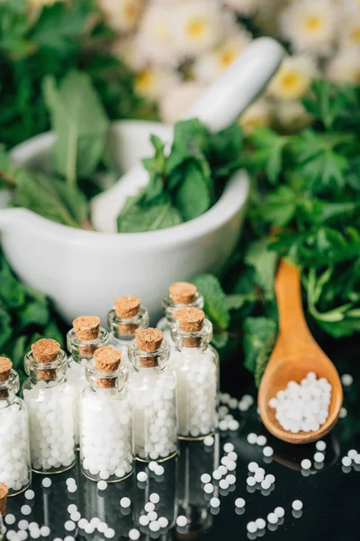 Homeopati Behandling Alternativ Medicin Koncept Homeopatiska Glober Blommor Och Örter — Stockfoto