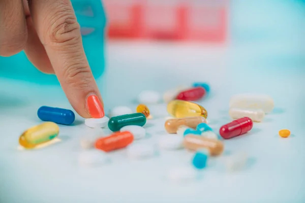 Polypharmacy Woman Taking Large Amount Medications Supplements — Stock Photo, Image