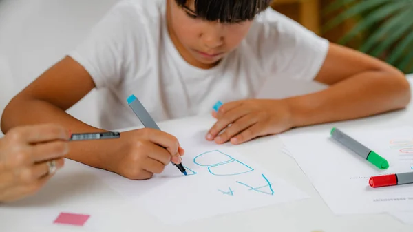 Boy Writing Letters Preschool Screening Test — Stock Photo, Image