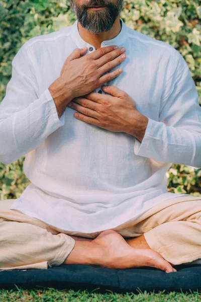 Reiki Spiritual Self Treatment Healing Session Man Holding Hands Heart — Stock Photo, Image