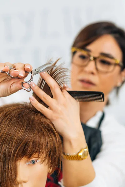 Retrato Mujer Educadora Peinado Durante Entrenamiento Peluquería — Foto de Stock