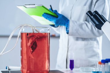 Kültürlü et. Kadın bilim adamı laboratuarda notlar alıyor.