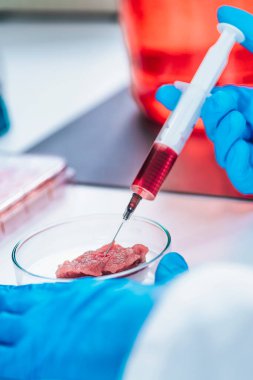 Bilim adamı laboratuardaki bir et örneğine büyüme hormonu enjekte ediyor.