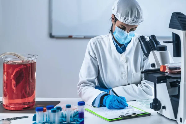 Scientist Analyzing Cultured Artificial Meat Sample Microscope Laboratory — Stock Photo, Image