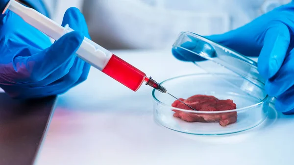 Científico Inyectando Líquido Rojo Con Jeringa Muestra Carne Placa Petri — Foto de Stock