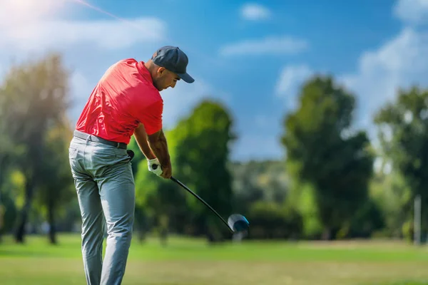 Pro Golfer Golf Swing Using Driver Golf Club Rear View — 스톡 사진