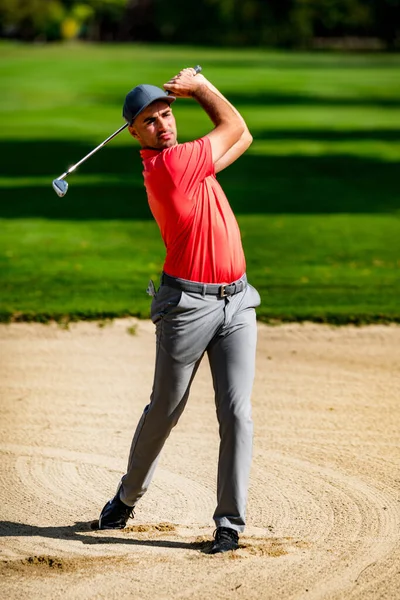 Sand Wedge Shot Professional Golfer Playing Sand Bunker — стоковое фото