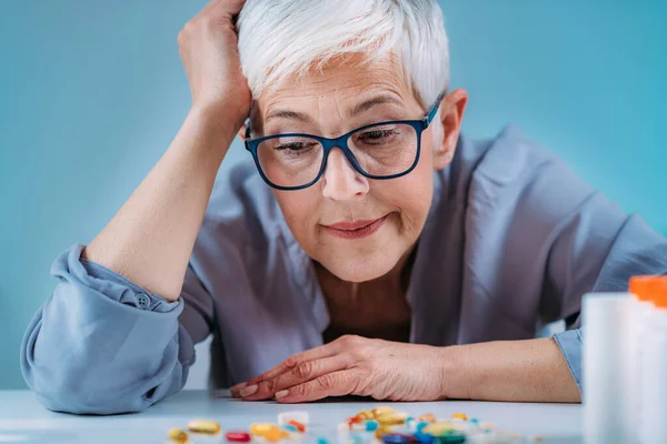 Medicine Non Adherence Senior Woman Looking Pills Sure She Had — Fotografia de Stock