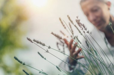 Bolluk konsepti. Beyaz giyinmiş, lavanta çiçeklerine dokunan düşünceli kadın kokunun tadını çıkarıyor.