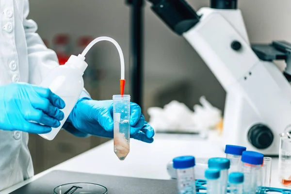 Food Safety Quality Control Testing Sea Fish Laboratory Technician Pouring — Foto Stock