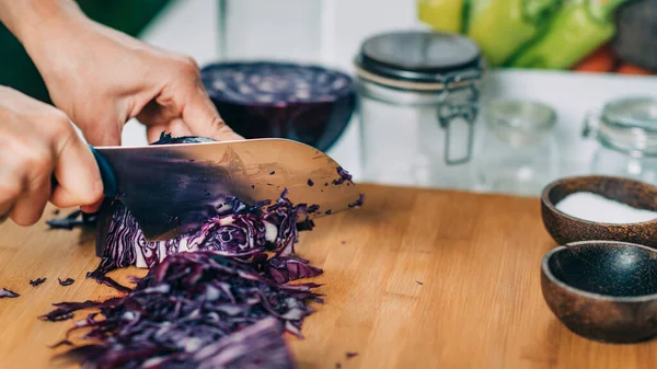 Fermentation Process Woman Preparing Vegetables Fermentation Home Cutting Red Cabbage —  Fotos de Stock