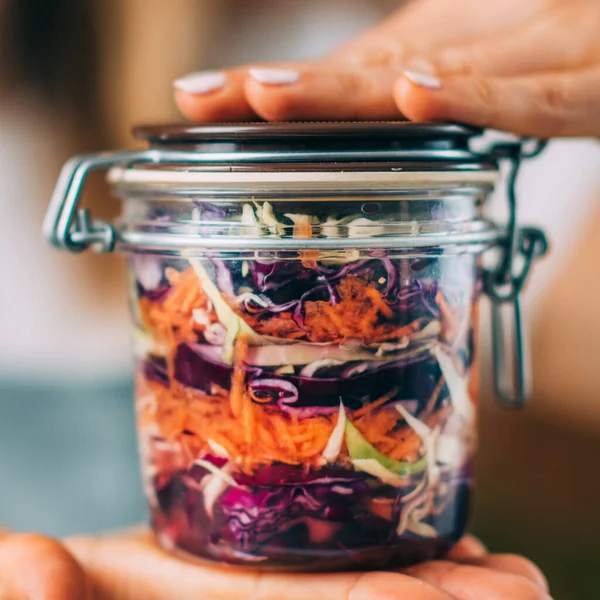 Vegetable Fermentation Woman Holding Jar Fermented Vegetables — Foto de Stock